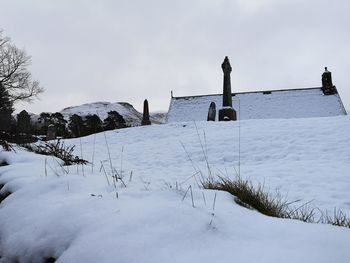 Snow covered field against sky