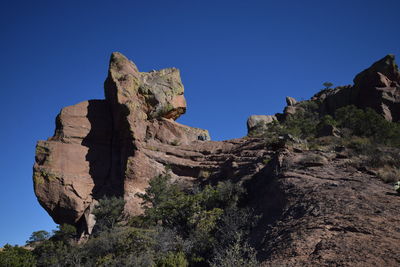 Low angle view of rock formation against clear blue sky