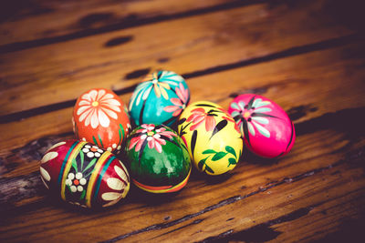 High angle view of painted easter eggs on table