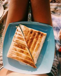 Midsection of woman with sandwich in plate sitting at beach