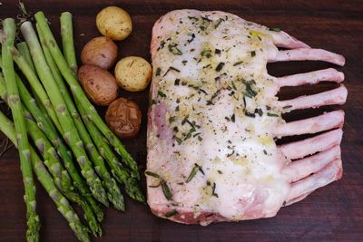 High angle view of food on cutting board