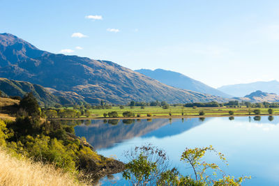 Scenic view of lake and mountains against sky