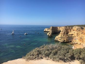 Scenic view of sea against clear blue sky