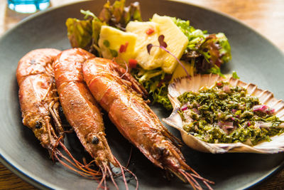 Close-up of seafood in plate on table