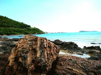 Scenic view of rocks on beach against clear sky