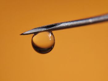 Macro shot of drop on injection against yellow background