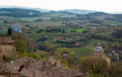 High angle view of houses against sky