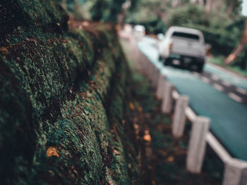 Close-up of stone wall by road