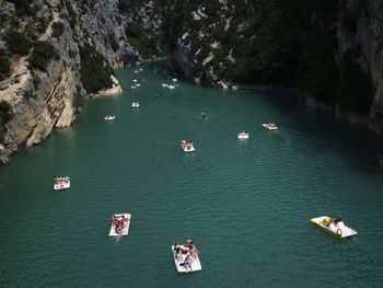 High angle view of boats in river