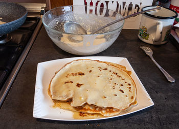 High angle view of food in plate on table