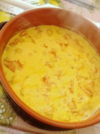 High angle view of soup in bowl on table