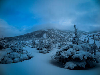 Scenic view of snow covered mountains against sky