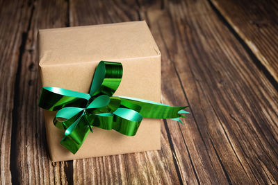 High angle view of paper in box on table