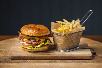 Food on table against black background