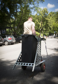 Rear view of man on street against trees in city