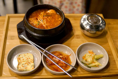 High angle view of food served on table