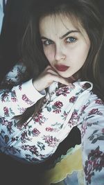 High angle portrait of teenage girl wearing red lipstick