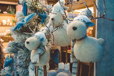 Close-up of toy hanging at christmas market