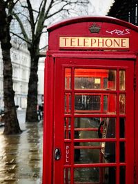 Close-up of red telephone booth