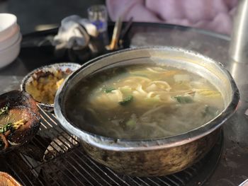 Close-up of soup in bowl on table