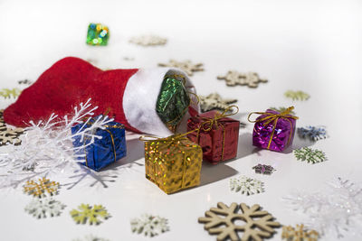 Close-up of christmas decorations on table