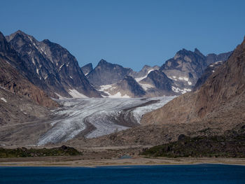 Scenic view of lake and mountains against clear blue sky