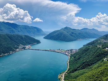 Scenic view of sea by mountains against sky