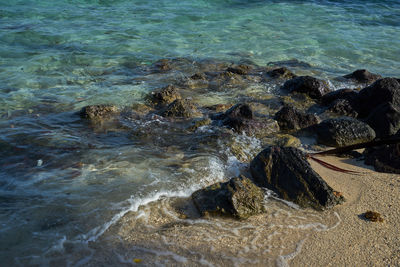 High angle view of rocks on beach