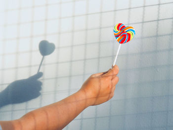 Close-up of hand holding rainbow colorful lollipop against table wall lgbt