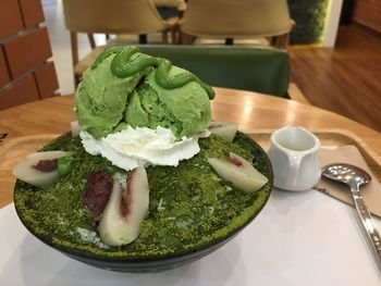 High angle view of dessert served on table