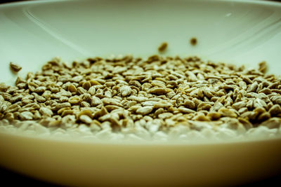 Close-up of sunflower seeds in bowl on table