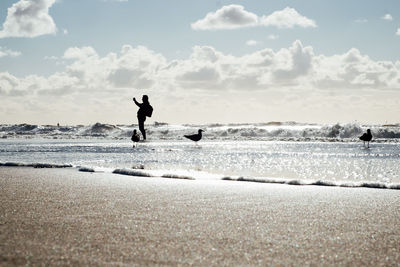 Silhouette man playing on beach against sky