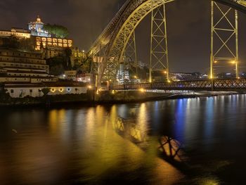 Illuminated bridge over river at night