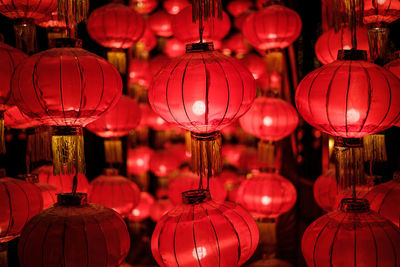 Full frame of illuminated chinese lanterns at night