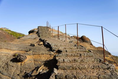 Low angle view of steps against clear blue sky