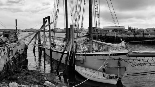 Fishing boats moored at harbor against sky