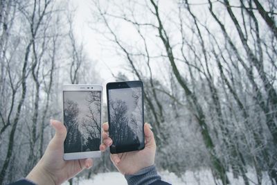 Close-up of person photographing with mobile phone in winter