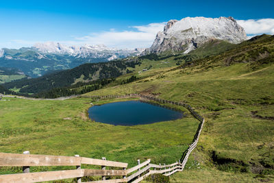 Scenic view of mountains and lake against blue sky