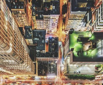 Overhead view of illuminated buildings