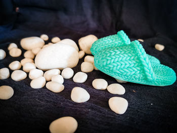 High angle view of pebble on table