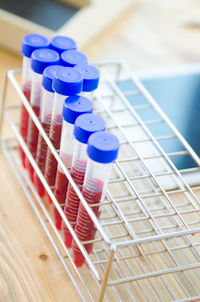 Close-up of red chemical in test tubes at laboratory