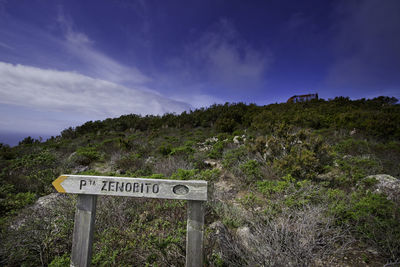 Wooden sign at arcipelago toscano national park against blue sky
