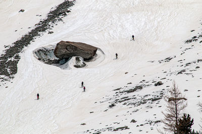 High angle view of people on snow covered land