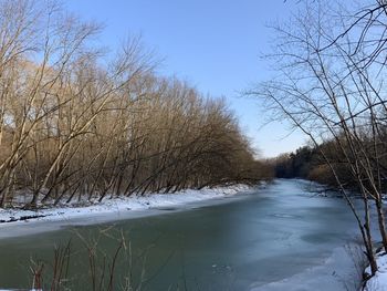 Frozen river amidst bare trees against sky