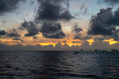 Sunset background and sun beam on the open sea with beautiful clouds.