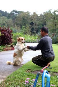 Man crouching by dog in yard