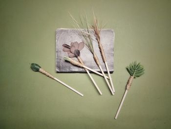 High angle view of brushes on table