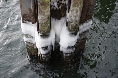 High angle view of ice on water