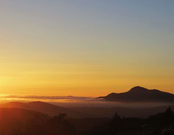 Silhouette of mountain range at sunset