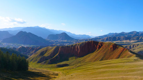 Panoramic view of mountain range against blue sky